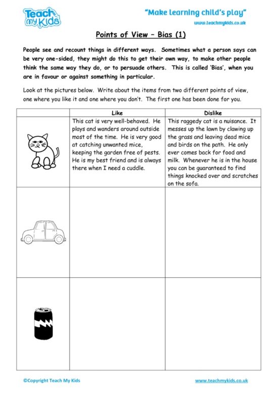 Worksheets for kids - points-of-view-bias-1